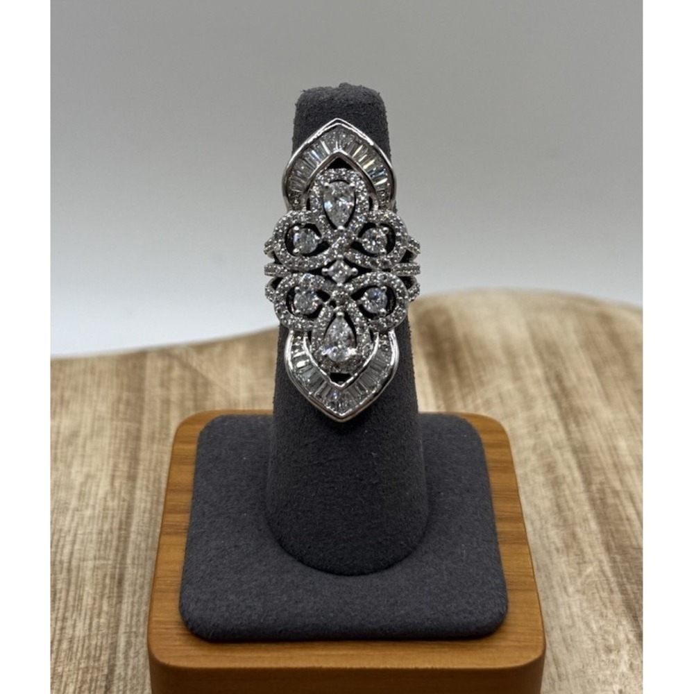 Silver Tone CZ Baguette Cocktail Ring‎ Size 6 Statement Elongated